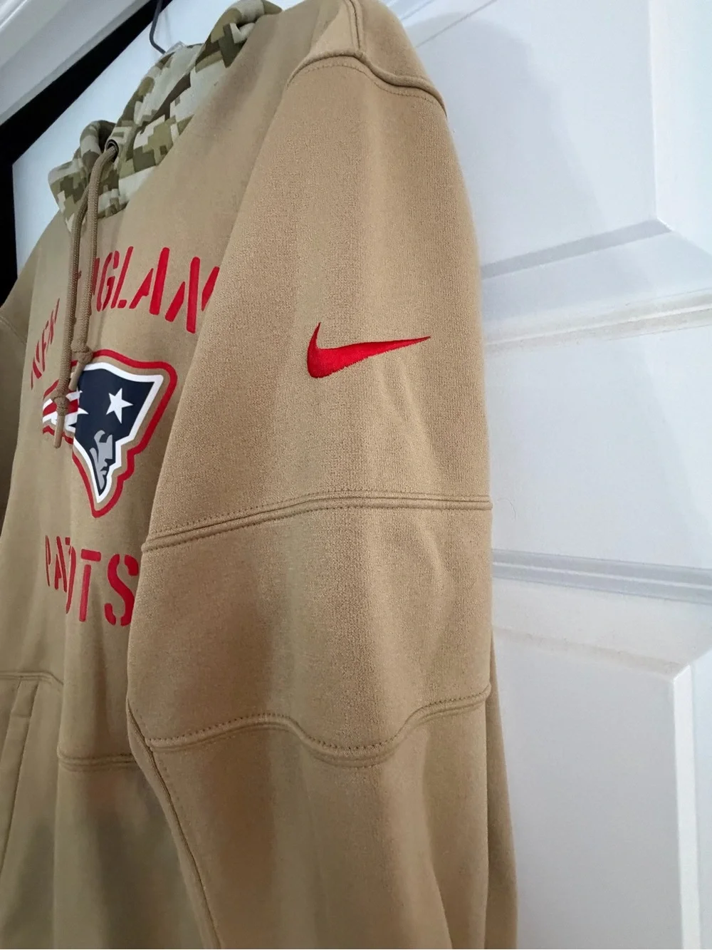 Nike New England Patriots Tan Pullover Hoodie with camo hood